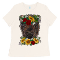 Bone bison face with flowers Ladies Tee - RanaPortraitStore