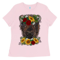 Bubblegum Pink bison face with flowers Ladies Tee - RanaPortraitStore
