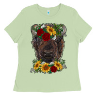 Matcha bison face with flowers Ladies Tee - RanaPortraitStore