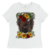 White bison face with flowers Ladies Tee - RanaPortraitStore