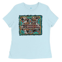 Baby Blue aztec background with gemstone and cowhide Ladies Tee - RanaPortraitStore