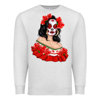 Oatmeal Heather Mexicana Skull Girl with Roses Premium Sweatshirt - texasbilliewilder
