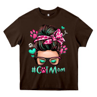 Chocolate Brown cat mom messy bun Heavy Core Tee - Zillion Design Studio