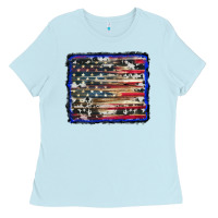 Baby Blue american flag with cowhide background Ladies Tee - RanaPortraitStore