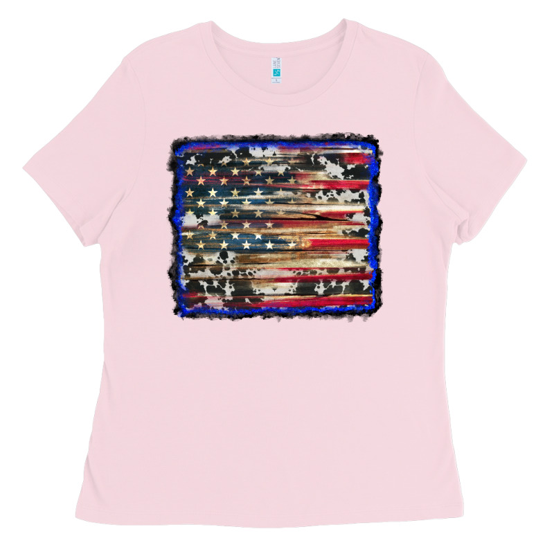 American Flag With Cowhide Background Ladies Tee by RanaPortraitStore | Teevron