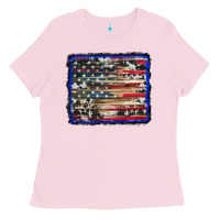 Bubblegum Pink american flag with cowhide background Ladies Tee - RanaPortraitStore