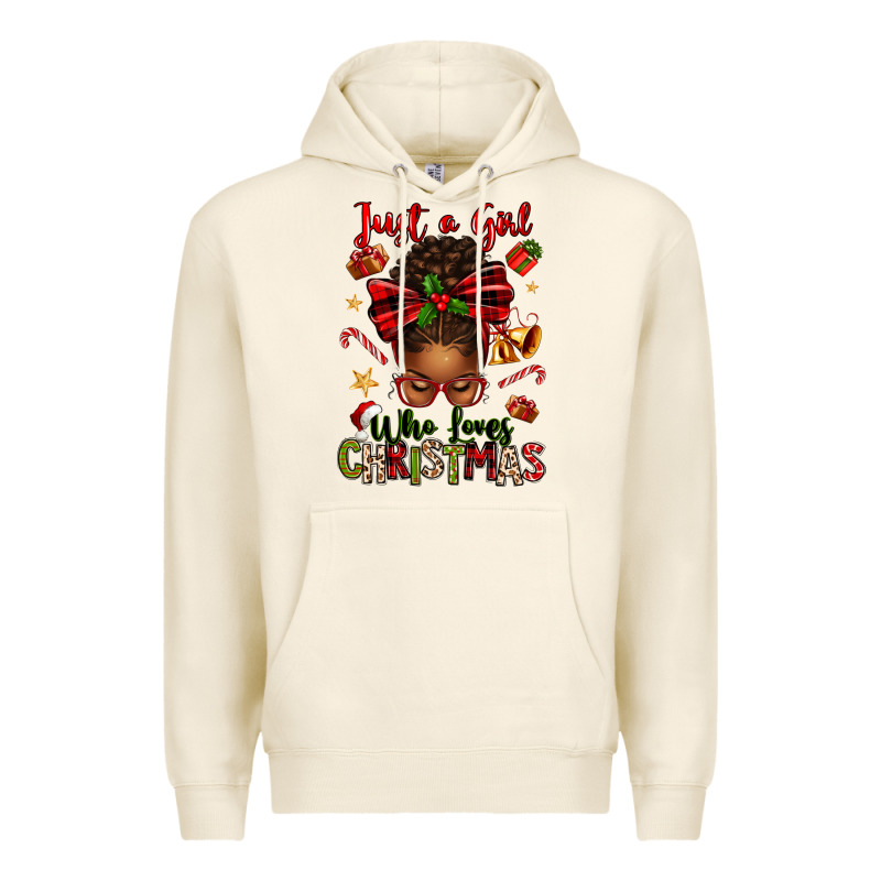 Just A Girl Who Loves Christmas Afro Messy Bun Premium Hoodie by texasbilliewilder | Teevron