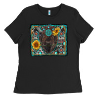 Black american bison wıth sunflower and gemstone Ladies Tee - RanaPortraitStore