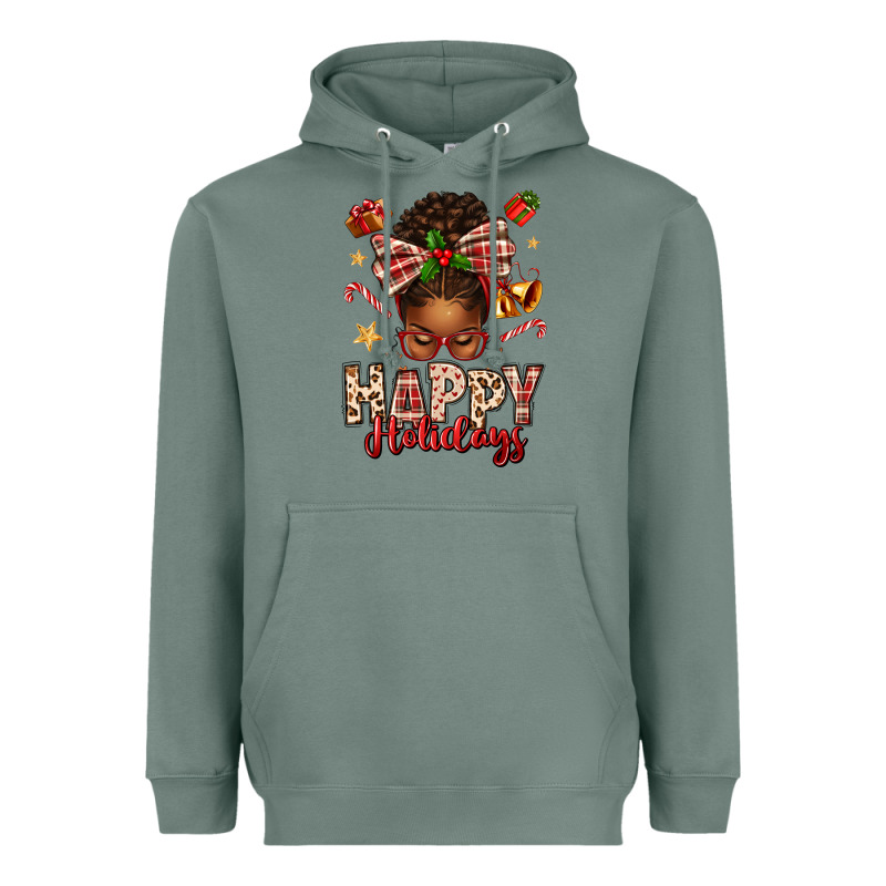 Happy Holidays Christmas Afro Messy Bun Heavyweight Hoodie by texasbilliewilder | Teevron