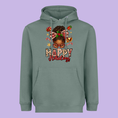Happy Holidays Christmas Afro Messy Bun Heavyweight Hoodie Designed By Texasbilliewilder
