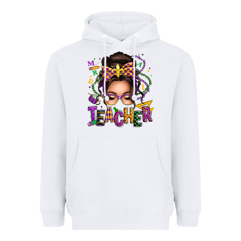 Mardi Gras Teacher Caucasian Messy Bun Heavyweight Hoodie by texasbilliewilder | Teevron