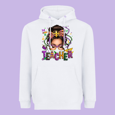 Mardi Gras Teacher Caucasian Messy Bun Heavyweight Hoodie Designed By Texasbilliewilder