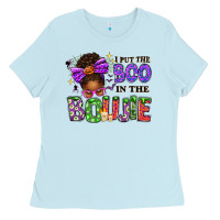 Baby Blue I Put The Boo In The Boujie Messy Bun Ladies Tee - texasbilliewilder