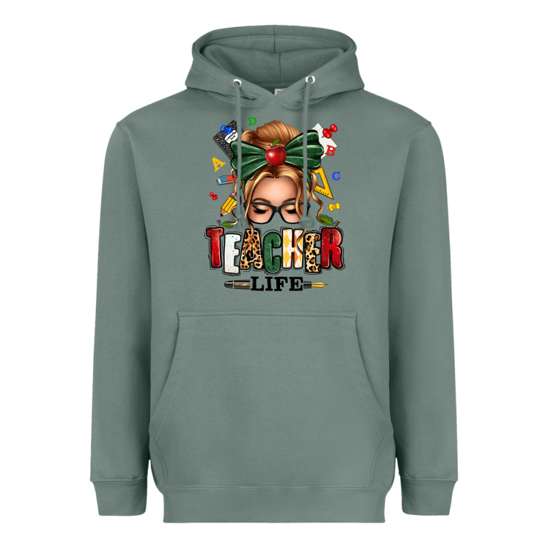 Teacher Life Blonde Caucassian Messy Bun Heavyweight Hoodie by texasbilliewilder | Teevron