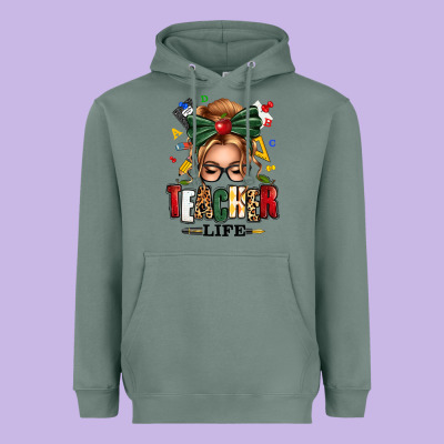 Teacher Life Blonde Caucassian Messy Bun Heavyweight Hoodie Designed By Texasbilliewilder
