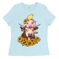Baby Blue cow with pig and chick Ladies Tee - RanaPortraitStore