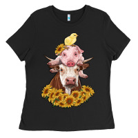 Black cow with pig and chick Ladies Tee - RanaPortraitStore