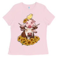 Bubblegum Pink cow with pig and chick Ladies Tee - RanaPortraitStore
