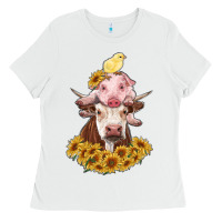 White cow with pig and chick Ladies Tee - RanaPortraitStore