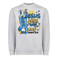 Heather Grey down syndrome jesus fills my cup Heavyweight Sweatshirt - MaliasSmallBusiness