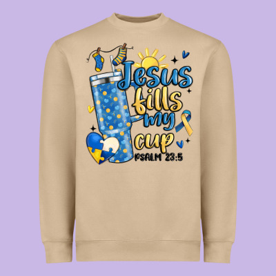 Down Syndrome Jesus Fills My Cup Heavyweight Sweatshirt Designed By Maliassmallbusiness