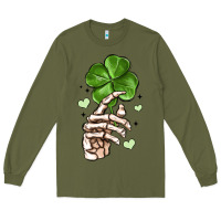 Army Green skeleton hand with shamrock st patrick s day Long Sleeve Tee - MaliasSmallBusiness