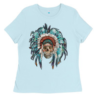 Baby Blue indian headdress with native american skull Ladies Tee - RanaPortraitStore