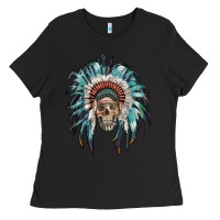 Black indian headdress with native american skull Ladies Tee - RanaPortraitStore