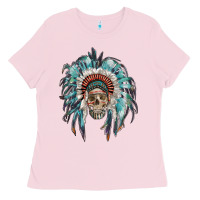 Bubblegum Pink indian headdress with native american skull Ladies Tee - RanaPortraitStore