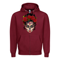 Burgundy mexican sugar skull messy bun woman Zipper Hoodie - LillyAllenDesigns