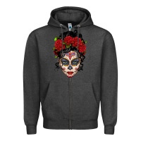 Charcoal Heather mexican sugar skull messy bun woman Zipper Hoodie - LillyAllenDesigns