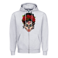 Heather Grey mexican sugar skull messy bun woman Zipper Hoodie - LillyAllenDesigns