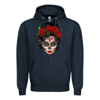 Navy mexican sugar skull messy bun woman Zipper Hoodie - LillyAllenDesigns