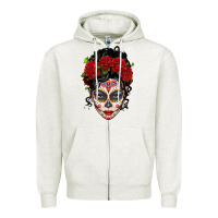Oatmeal Heather mexican sugar skull messy bun woman Zipper Hoodie - LillyAllenDesigns