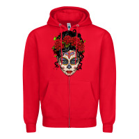 Red mexican sugar skull messy bun woman Zipper Hoodie - LillyAllenDesigns