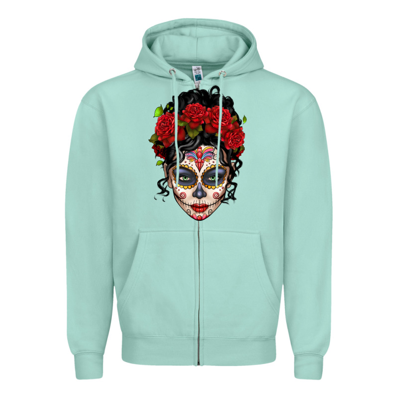 Mexican Sugar Skull Messy Bun Woman Zipper Hoodie by LillyAllenDesigns | Teevron
