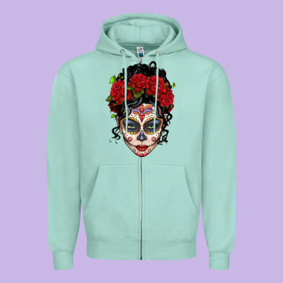 Mexican Sugar Skull Messy Bun Woman Zipper Hoodie Designed By Lillyallendesigns