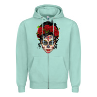 Seafoam mexican sugar skull messy bun woman Zipper Hoodie - LillyAllenDesigns