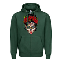 Sports Green mexican sugar skull messy bun woman Zipper Hoodie - LillyAllenDesigns