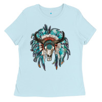 Baby Blue indian headdress with bull skull Ladies Tee - RanaPortraitStore