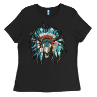 Black indian headdress with bull skull Ladies Tee - RanaPortraitStore