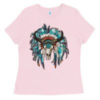 Bubblegum Pink indian headdress with bull skull Ladies Tee - RanaPortraitStore