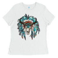 White indian headdress with bull skull Ladies Tee - RanaPortraitStore