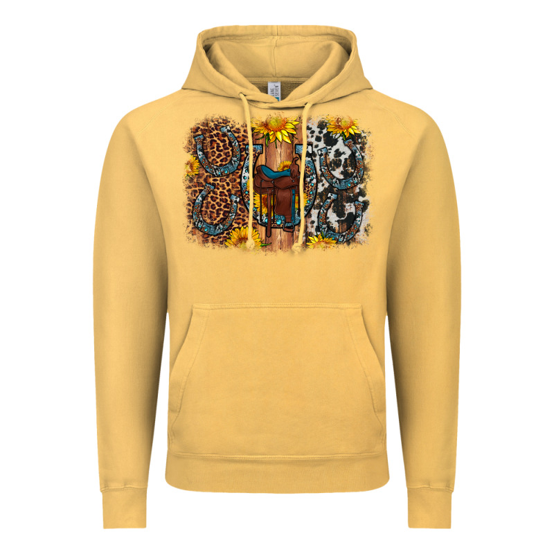 Saddle Sunflower Horseshoe Cowhide Leopard Background Vintage Hoodie by Artiststas | Teevron