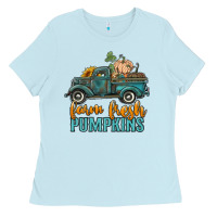 Baby Blue farm fresh pumpkins truck Ladies Tee - RanaPortraitStore