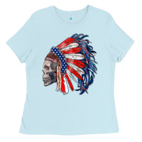 Baby Blue american indian headdress with skull Ladies Tee - RanaPortraitStore