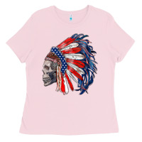 Bubblegum Pink american indian headdress with skull Ladies Tee - RanaPortraitStore