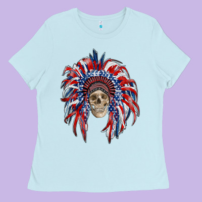 American Flag Indian Headdress With Skull Ladies Tee Designed By Ranaportraitstore
