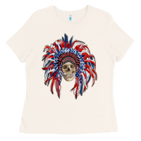Bone american flag indian headdress with skull Ladies Tee - RanaPortraitStore