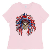 Bubblegum Pink american flag indian headdress with skull Ladies Tee - RanaPortraitStore